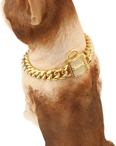 Vista 3 de Collar de cadena para perro, collar de cadena cubana resistente de 0.47 pulgadas, acero inoxidable 316L plata/oro, collar de entrenamiento de perro