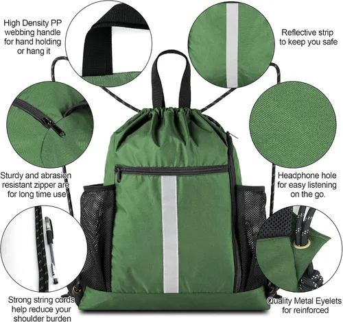 Vista 6 de BeeGreen Mochila deportiva con cordón y compartimento para zapatos y dos soportes para botellas de agua