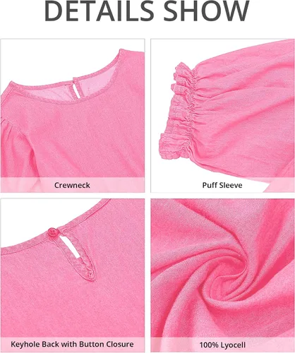 Vista 5 de GRAPENT Vestido de mezclilla para mujer, de verano, casual, manga abombada, por debajo de la rodilla, escalonado, acampanado, cintura elástica