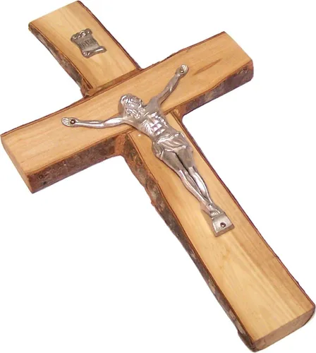 Vista 2 de Holy Land Market Robusto con bordes rústicos/corteza madera de olivo Crucifijo de Belén - Pequeño