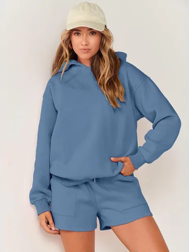 Vista 5 de ANRABESS Conjunto de 2 piezas para mujer, sudadera con capucha de gran tamaño, pantalones cortos, sudadera para descansar, ropa deportiva de moda