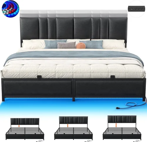 Vista 9 de Besiost Base de cama de tamaño individual con cabecera ajustable de 3 alturas, cama de plataforma tapizada de cuero con luz LED y estación de carga