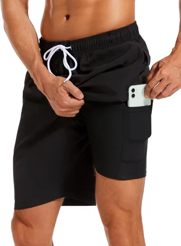 Vista 14 de Difficort - Traje de baño para hombre con forro de compresión, pantalones cortos de secado rápido con bolsillos con cremallera 1-a/ Rayas negras