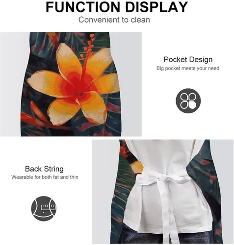 Vista 6 de MUSM Hawaii Tropical Flower Apron，Classic Vintage Funny with Pockets Aprons,Adjustable Bib Waterdrop Resistant for Kitchen Cooking Restaurant BBQ