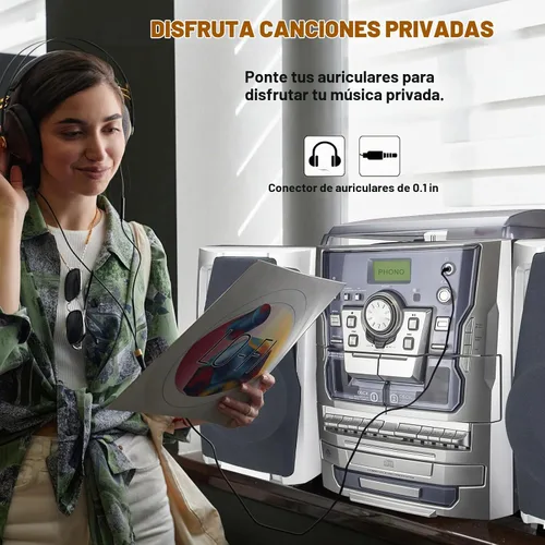 Vista 4 de Reproductor de Discos de Vinilo Estéreo Bluetooth, Sistema de Música Tocadiscos Estéreo de 3 Velocidades con Reproductor de CD, Platina de Cassette
