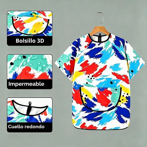 Vista 2 de Huahui Delantal de pintura infantil impermeable para niños Manga corta.