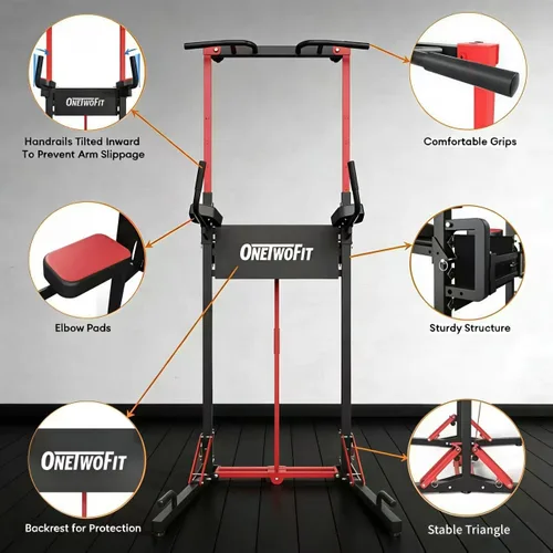 Vista 3 de ONETWOFIT Foldable Power Tower Pull Up Bar Dip Station, Multi-Function Adjustable Height, Strength Training, 400LBS Capacity