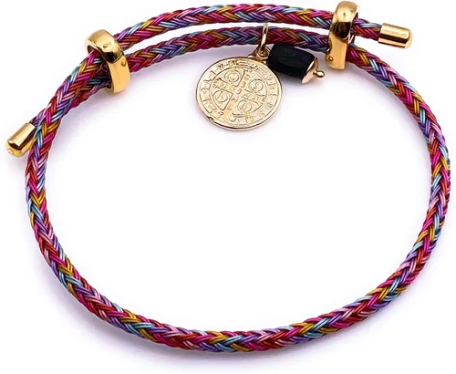 Vista 3 de Pulsera chapada en oro de 18 quilates de San Benito con dije de piedra auténtica de azabache Adjustable Cuerda Chapado en oro
