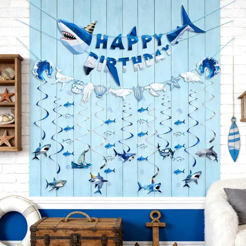 Vista 2 de Paper Jazz Decoración de tiburón oceánico, decoración de fiesta de tiburón ballena para pared, pancarta de cumpleaños bajo el mar con remolinos, Azul