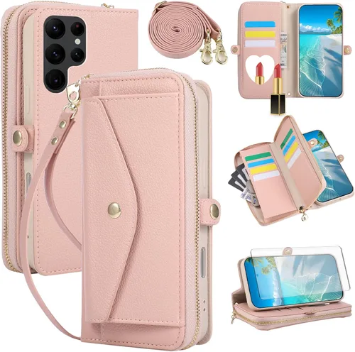 Vista 54 de Asuwish Funda de teléfono para Samsung Galaxy S23 5G con cremallera, funda para celular con protector de pantalla, correa para el hombro, espejo