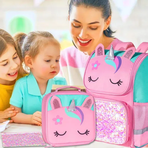 Vista 5 de KLFVB Mochila de 3 piezas para niñas y niños, bolsa de libros de dinosaurio de unicornio de 15 pulgadas con lonchera, bolsa escolar preescolar
