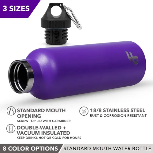Vista 3 de Day 1 Fitness - Botella de agua de acero inoxidable con boca estándar, mosquetón, (16, 24 o 32 oz) 3 tamaños, 8 colores y opciones de paquete
