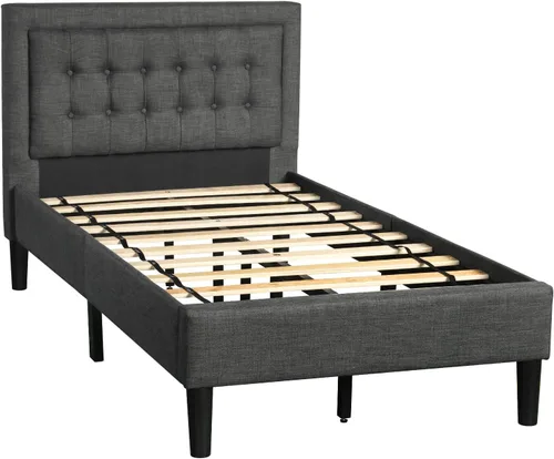 Vista 7 de Anwick Cama de plataforma tapizada con botones y soporte de listones de madera resistente (individual, gris)