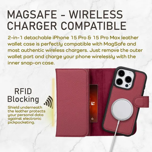 Vista 4 de Bayelon Estuche tipo billetera para iPhone 15 Pro, cartera de cuero desplegable de tres pliegues, cubierta tipo folio magnética desmontable, soporte
