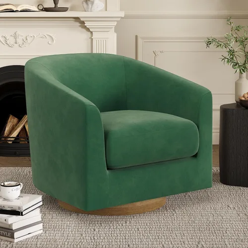 Vista 13 de Silla giratoria decorativa, moderna tapizada con brazo curvado, tela de terciopelo, cómoda silla de lectura con base de madera maciza para sala