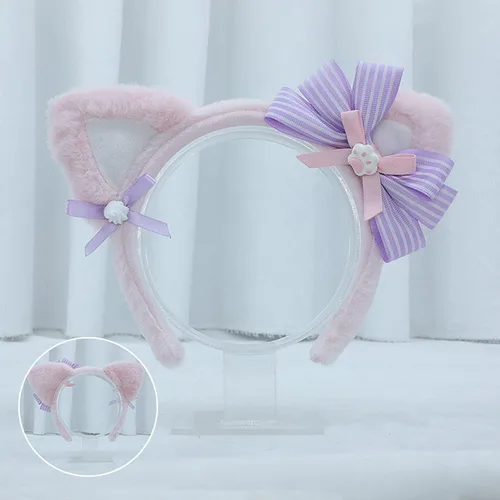 Vista 4 de Faylay Diadema de orejas de gato peludas para mujer, con lazo, decoración de perlas