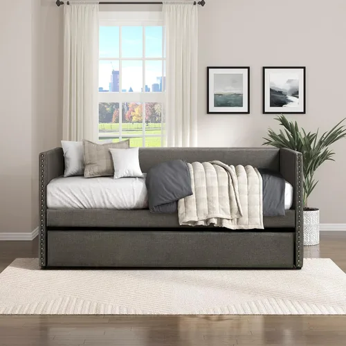 Vista 11 de Lexicon Sofá cama doble con nido, tapicería de piel sintética, color negro