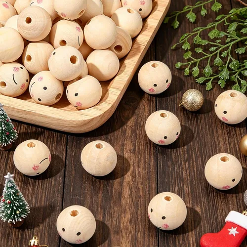 Vista 4 de PH PandaHall 50 cuentas de madera de 1 pulgada, cuentas de madera natural, cuentas de madera sueltas, bolas de madera con cara pintada para árbol