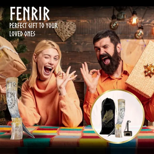 Vista 6 de FENRIR Cuerno vikingo para beber de 16 oz con soporte y abridor para cerveza, ale, mead, regalo para hombres y mujeres 100% auténtico hecho a mano