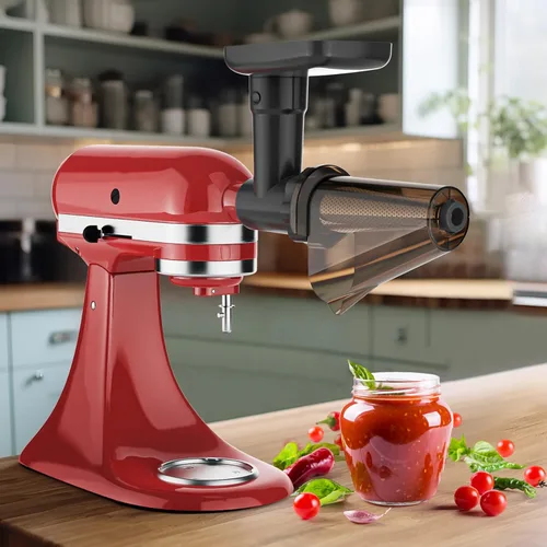 Vista 2 de Juego de accesorios de colador de frutas y verduras para batidora de pie KitchenAid, incluye accesorio de molinillo de alimentos con tubos Negro
