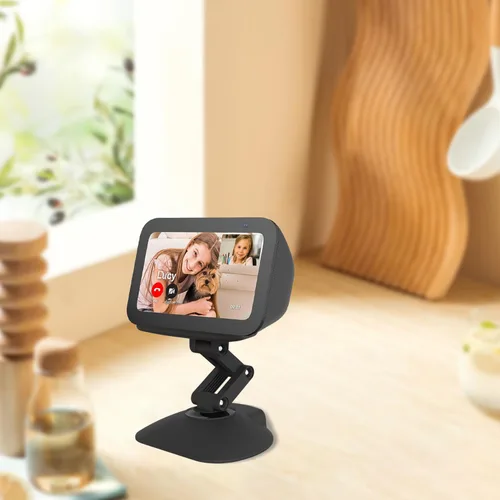 Vista 5 de Soporte para Echo Show 5 (3ª generación) y teléfono celular, soporte de altavoz inteligente de altura ajustable, base magnética antideslizante