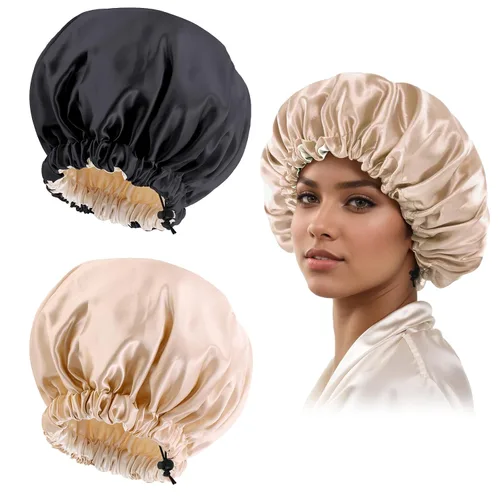 Vista 25 de Gorro de seda de satén para cabello rizado, gorro trenzado para dormir, para mujer, grande, doble capa ajustable (2 unidades, negro) Double Layer
