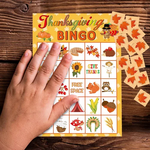 Vista 7 de Fancy Land Juego de bingo de Acción de Gracias, 24 jugadores para niños, suministros de manualidades para fiestas navideñas