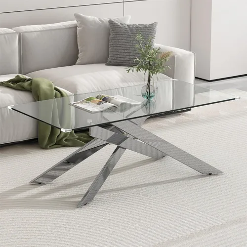 Vista 10 de Mesa de centro rectangular moderna de cristal, mesa central de vidrio templado y patas de metal chapado en oro para sala de estar, oficina en casa