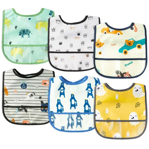 Vista 8 de 6 piezas de baberos impermeables para niños pequeños con bolsillo recogemigas, juego de baberos para bebés con ajuste para dientes de leche, baberos