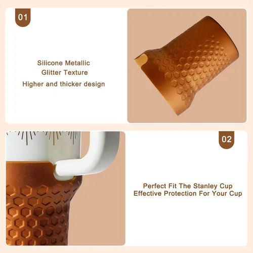 Vista 4 de Bota de Silicona con Purpurina Metálica para Stanley 40oz Quencher H2.0 FlowState Tumbler y Adventure Tumbler (Bronce)