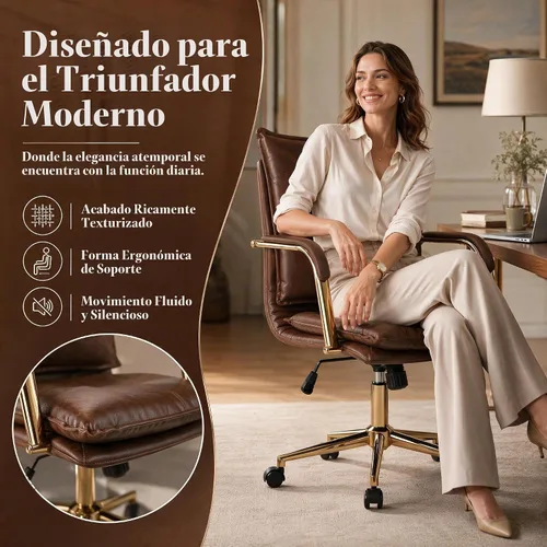 Vista 4 de MOJAY Silla de escritorio ergonómica de cuero con respaldo medio, moderna silla tapizada para computadora, silla de oficina ejecutiva con brazos