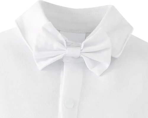 Vista 4 de MOMMY'S NEW MAN Traje de bautismo para recién nacido, mameluco de pajarita de caballero, traje de boda blanco, traje de bautizo