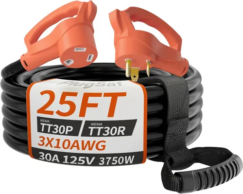 Vista 11 de PlugSaf - Cable de extensión para caravana de 15 pies y 30 amperios para exteriores, 10AWG 125V 3750W STW, color amarillo NEMA TT-30P/R, Flexible