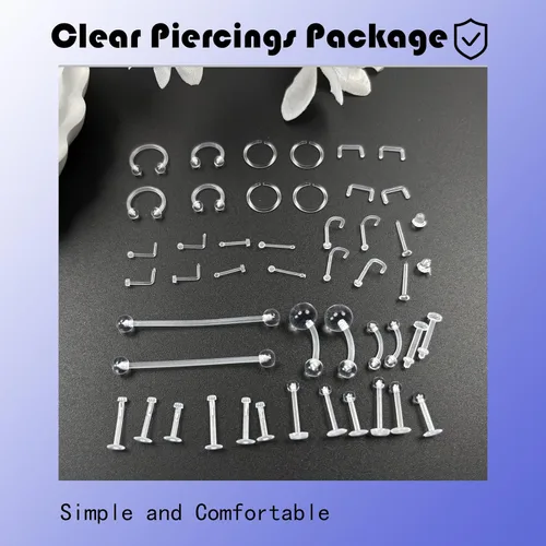 Vista 5 de Kit de 46 a 60 piezas de retenedores transparentes para nariz, tabique, ceja, labio, labio, lengua, vientre, pezón, tragus, cartílago, anillos