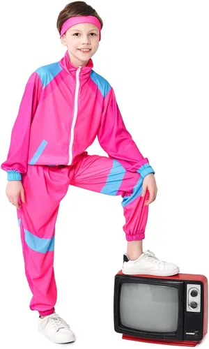 Vista 3 de IMEKIS Disfraz de entrenamiento de los años 80 para niñas, niños, chaqueta de Halloween con pantalones, diadema de los años 80, conjunto de ropa