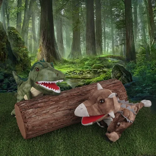 Vista 5 de Marionetas de mano de dinosaurio de felpa, juguete de dinosaurio suave, regalos para niños (2 piezas)