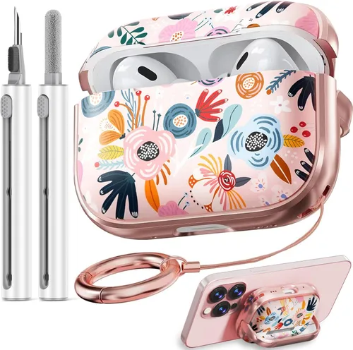 Vista 47 de Inesore Funda con bloqueo de seguridad para AirPods 4 2024, bonita funda floral para AirPod de 4ª generación para mujeres con kit limpiador