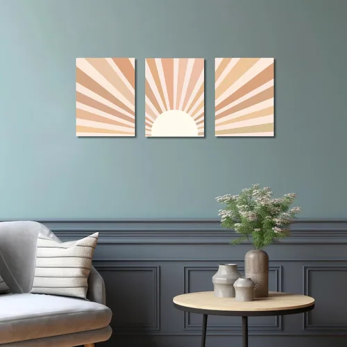 Vista 9 de YokiMino Juego de 3 arte bohemio para pared, lienzo enmarcado moderno de mediados de siglo, diseño de líneas geométricas de naturaleza para sala