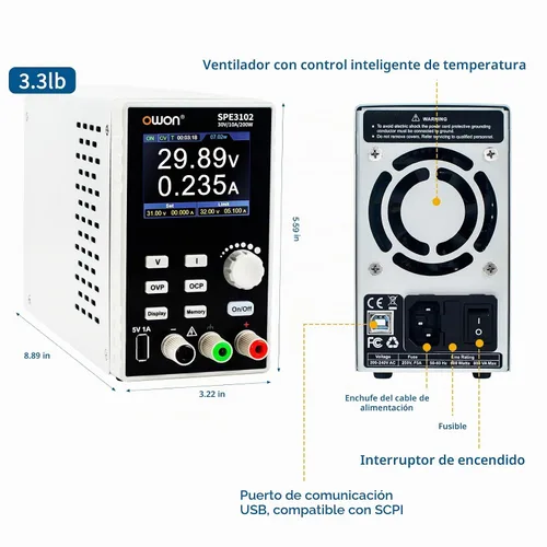 Vista 6 de OWON SPE3102 Fuente de alimentación programable de laboratorio (0-30V 0-10 A), fuente de alimentación CC de banco de 200 W con pantalla LCD de 2.8