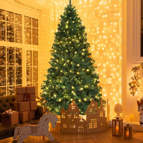 Vista 9 de ERGOMASTER - Árbol artificial de Navidad preiluminado de 7 pies con luces, árbol de Navidad falso verde con 1096 puntas de rama con bisagras, 300
