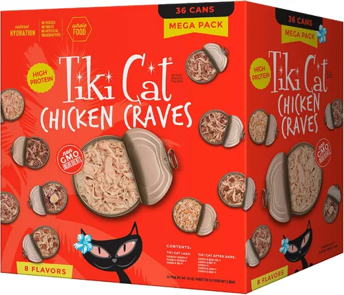 Vista 9 de Tiki Cat® Mega Pack de comida húmeda para gatos, paquete variado de antojos de pollo, lata de 2.8 onzas (24 unidades)