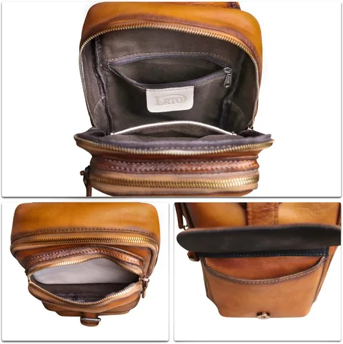 Vista 7 de LRTO Bolso bandolera de cuero genuino para motocicleta, hecho a mano, para senderismo, mochila de hombro retro, Marrón, Mochilas Sling