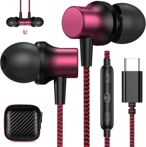 Vista 10 de COOYA - Auriculares USB C, auriculares con cable para iPhone 17, 16, 15 Pro Max, color morado Magnetic Bass Noise Canceling Type C In-Ear Púrpura