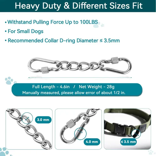 Vista 4 de Clip de seguridad para collar de perro, collar de punta a prueba de mordidas, cierre de respaldo de doble extremo, acero inoxidable, conector