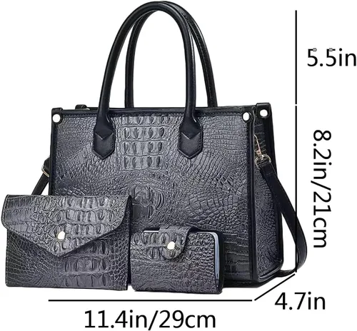 Vista 3 de Bolso y monedero para mujer, 3 piezas, con patrón de cocodrilo, cartera de embrague, tarjetero Gris