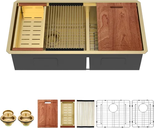 Vista 10 de Lordear Fregadero de cocina de 28 pulgadas de acero inoxidable de calibre 16 con doble plato y estación de trabajo de montaje inferior de 60/40