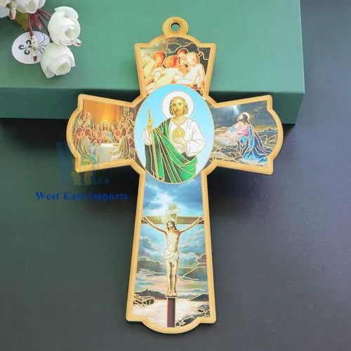 Vista 4 de WE 12 piezas de cruz de pared de madera de San Judas católico - Bautismo Favor