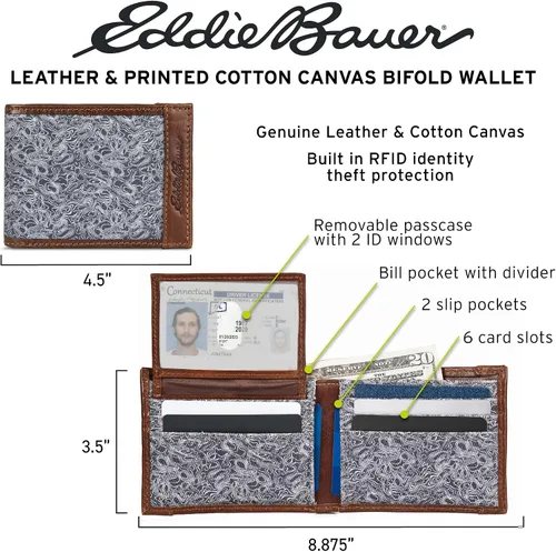 Vista 8 de Eddie Bauer Billetera de cuero y lona de algodón impresa para hombre (gráficos surtidos)