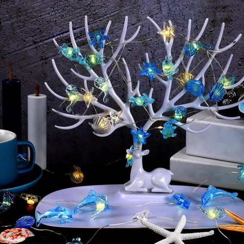 Vista 5 de Zhanmai 2 piezas de luces de cadena para decoración marina temática náutica de conchas y caballitos de mar para dormitorio, 10 pies, 30 luces LED