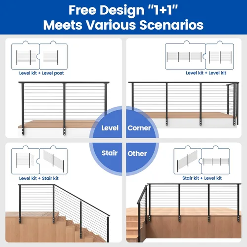 Vista 4 de Muzata RW23 - Kit de barandilla modular de montaje lateral para cubiertas de 42 pulgadas 2 Level Post Kit with Wire Rope & Cable Railing Hardware